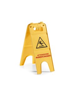 SEGNALE IN PLASTICA DI AVVISO PAVIMENTO BAGNATO A DUE ANTE IN ITALIANO (H CM.57)